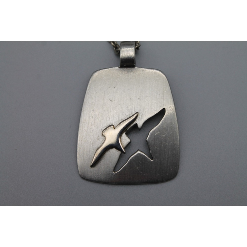 Modernist Silver Tone Flying Bird Seagull Pendant Necklace 10" Artisan Style